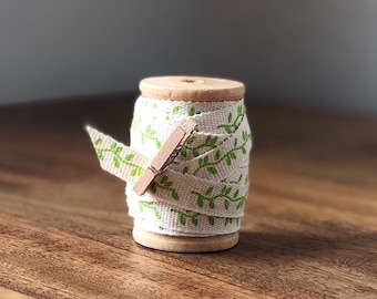 Leaf Ribbon, Cotton Ribbon, Green Leaf Ribbon, Rustic Ribbon Wedding, Ribbon for Bouquets, Cotton Ribbon on Spool, Natural Ribbon