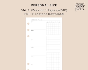 PERSONAL | WO1P (Week on 1 Page Insert) | 014 | UNDATED | Monday + Sunday Start | Printable Insert, Planner Insert, Digital Insert