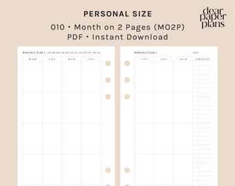 PERSONAL | MO2P (Month on 2 Page Insert) | 010 | UNDATED | Monday + Sunday Start | Printable Insert, Planner Insert, Digital Insert