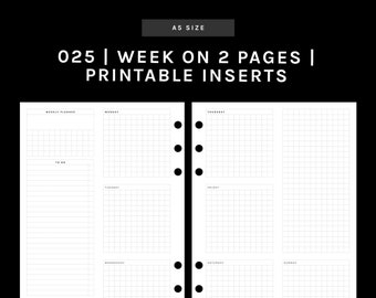 May include: Printable planner inserts for a week on two pages in A5 size. The planner has a weekly planner section, a to-do list, a notes section, and a gridded section for each day of the week. The planner is designed for use with a disc-bound planner.