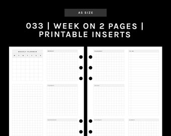 May include: A5 size printable planner inserts with a week-on-two-pages layout. The design features a grid for each day of the week, a weekly planner section, and a to-do list. The text "033 | WEEK ON 2 PAGES | PRINTABLE INSERTS" is displayed.