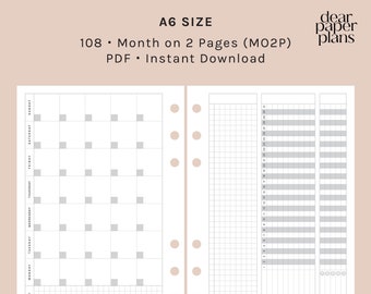 DIN A6 | MO2P (Monat auf 2 Seiten Einfügen) | Nr.108 | Montag + Sonntag Start | UNDATIERT | Druckbare Einlage, Planer Einlage, Digitale Einlage