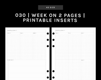 May include: A5 size printable planner inserts with a black background. The inserts feature a week-on-two-pages layout with sections for weekly plans and to-do lists. The pages are white with a grid pattern and black text.