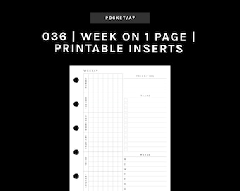 POCKET | WO1P (Week on 1 Page Insert) | UNDATED | Monday + Sunday Start | 036 | Printable Insert, Planner Insert, Digital Insert