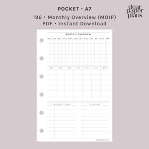 POCKET | Monthly Overview (MO1P Insert)  | 196 | UNDATED | Monday + Sunday Start | Printable Insert, Planner Insert, Digital Insert