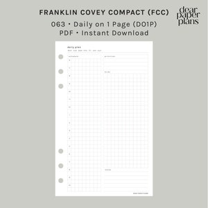 Puede incluir: Una página de planificador diario imprimible para la agenda compacta Franklin Covey. La página está dividida en secciones para la programación, las prioridades, la lista de tareas y las notas. La página está diseñada para imprimirse en una sola página.