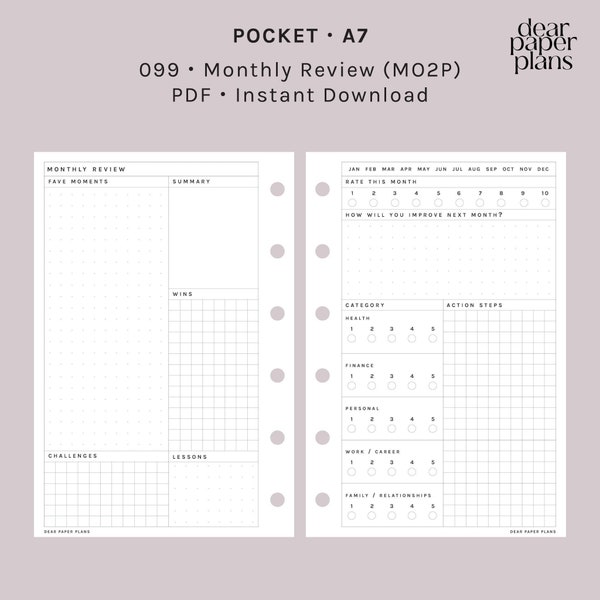 POCKET | Monthly Review (Month on 2 Pages/MO2P) Insert | UNDATED | 099 | Printable Insert, Planner Insert, Digital Insert, Monthly Inserts