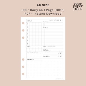 May include: A black and white printable daily planner page in A6 size. The page is divided into sections for schedule, priorities, to do, meals, mood, sleep, water, best thing today, movement, and tomorrow. The page is designed for use with a disc bound planner.