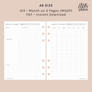 A6 | MO2P (Month on 2 Page Insert) | UNDATED | Monday + Sunday Start | 012 | Printable Insert, Planner Insert, Digital Insert, Monthly