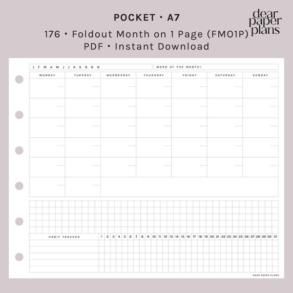 POCKET | Foldout Month on 1 Page Planner Insert | 176 | Monday + Sunday Start | UNDATED | Printable Insert, Planner Insert, Digital Insert