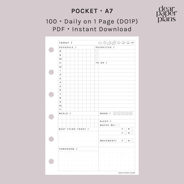 POCKET | Daily on 1 Page (DO1P) Insert | UNDATED | 100 | Printable Insert, Planner Insert, Digital Insert