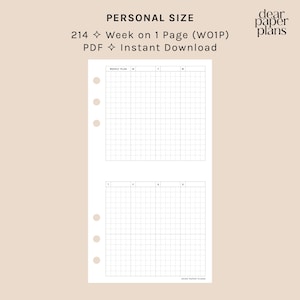 PERSONAL | WO1P (Week on 1 Page) | 214 | UNDATED | Monday + Sunday Start | Printable Insert, Planner Insert, Digital Insert