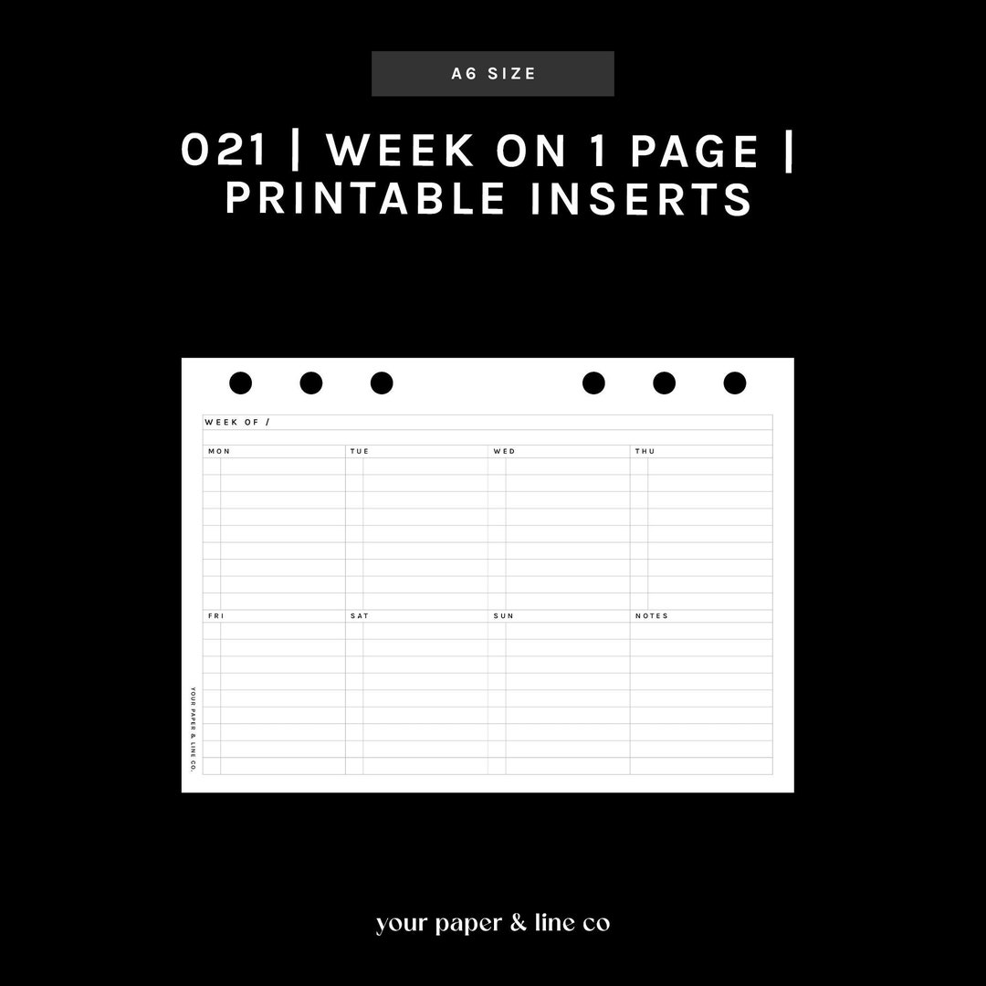 A6 | Horizontal WO1P (week on 1 Page Insert) | 021 | Mon + Sun Start ...