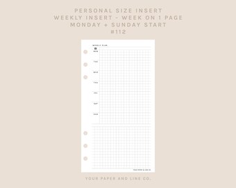 Personal Size | WO1P - Week on 1 Page | 112 | Monday + Sunday Start | UNDATED | Printable Insert,Planner Insert,Digital Insert,Weekly Insert
