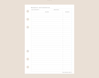 Makeup References Tracker Insert | A6 Size | 059 | Printable Insert, Planner Insert, Digital Insert