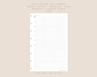 Half Letter | WO1P - Week on 1 Page | 112 | Monday + Sunday Start | UNDATED | Printable Insert, Planner Insert, Digital Insert,Weekly Insert