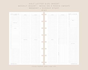 Half Letter Size | Week on 2 Pages (WO2P) | 127 | Monday + Sunday Start | Franklin Covey Compact Size | Planner Insert, Digital, Printable