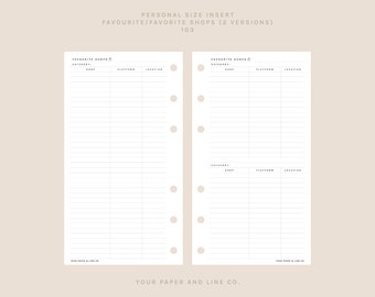 Favourite/Favorite Shops Insert | Personal Size | 103 | 2 VERSIONS | Printable Insert, Digital Insert, Planner Insert