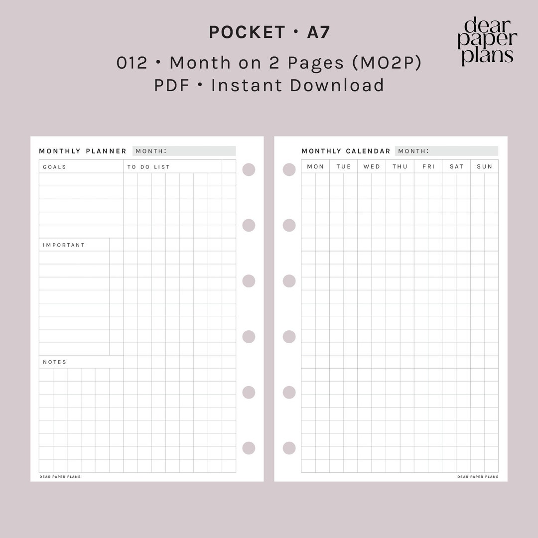 POCKET | MO2P (month on 2 Page Insert) | Monday + Sunday Start | 012 ...