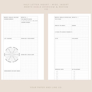 May include: A minimalist planner insert with a grid layout for monthly goal setting and review. The pages include sections for accomplishments, ratings, lessons learned, and a wheel chart for life balance. The text "YOUR PAPER AND LINE CO." is at the bottom.