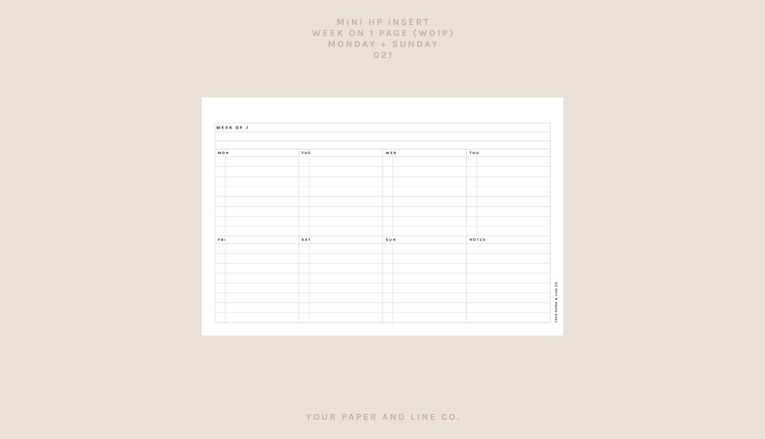 Horizontal WO1P (week on 1 Page Insert) | UNDATED | Mini HP Size | Mon ...