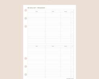 A5 | Wishlist Tracker Insert 2 on 1 Page | 061 | Printable Insert, Planner Insert, Digital Insert