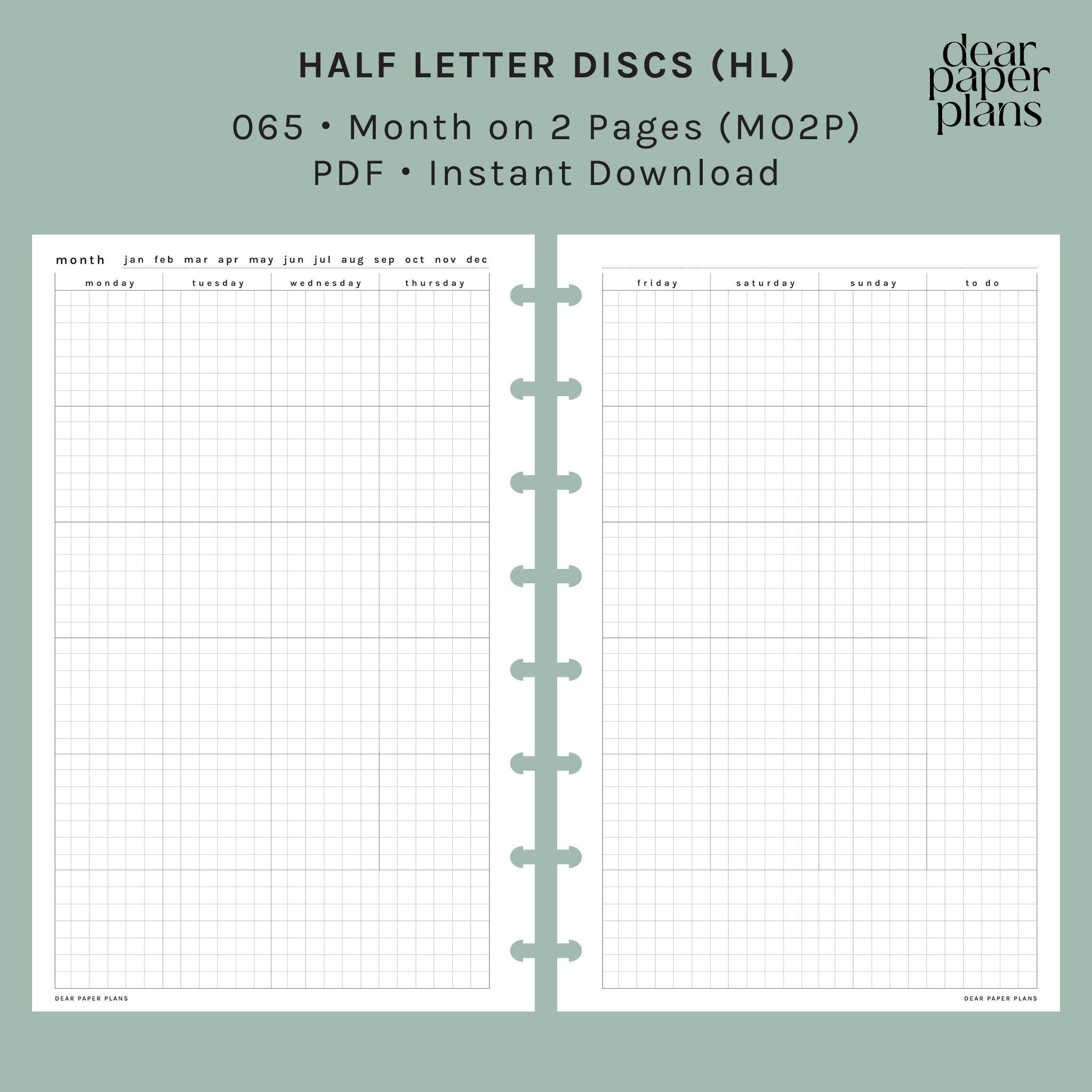 HALF LETTER | MO2P (month on 2 Page Insert) | UNDATED | Monday + Sunday ...