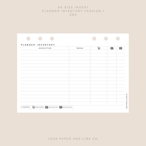 May include: A6 size planner inventory insert with a white background and black text. The insert includes sections for description, brand, and icons for shopping cart, inventory, and date. The text "PLANNER INVENTORY" is at the top.