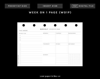 BOLSILLO / WO1P - Semana horizontal en 1 página / 139 / Inicio lunes y domingo / SIN FECHA / Inserto imprimible, inserto de planificador, inserto digital, inserto de plan semanal