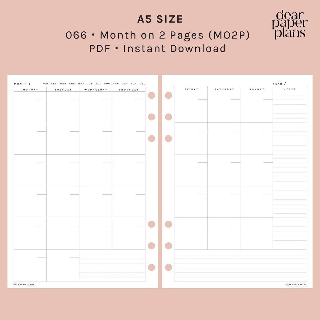 A5 | MO2P (month on 2 Page Insert) | 066 | Monday + Sunday Start ...