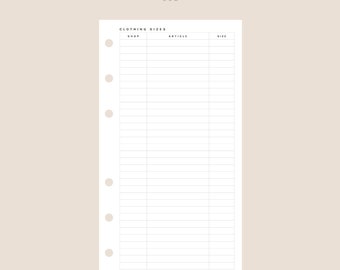 Clothing Sizes Tracker Insert | Personal  Size | 058 | Printable Insert, Planner Insert, Digital Insert
