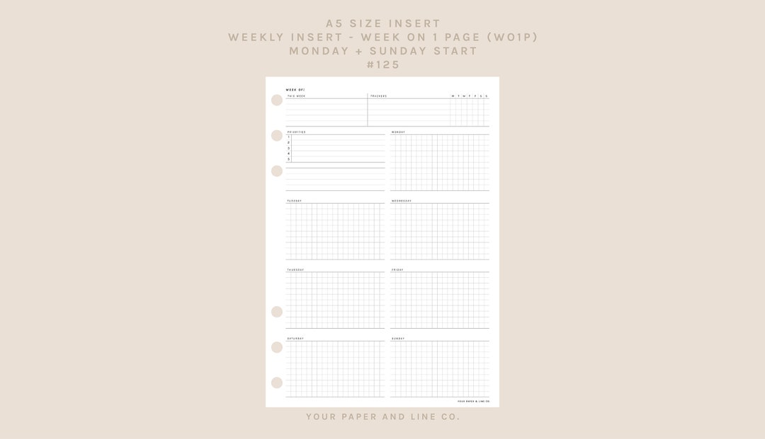 A5 Size | Week on 1 Page (WO1P) | 125 | Monday + Sunday Start | Planner ...