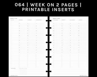 May include: Black and white printable planner inserts with the text "HALF LETTER DISCS" and "064 | WEEK ON 2 PAGES | PRINTABLE INSERTS". The planner pages are designed for weekly planning, with sections for each day and a to-do list.