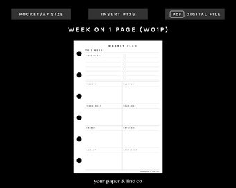 POCKET | WO1P - Week on 1 Page | 136 | Monday + Sunday Start | UNDATED | Printable Insert, Planner Insert, Digital Insert,Weekly Plan Insert