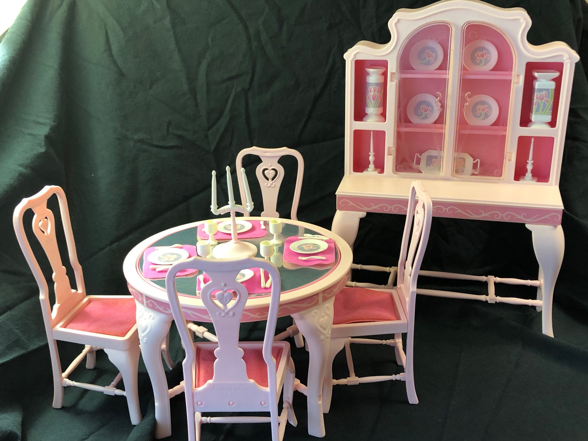 Vintage 1984 Barbie Fashion Dining Room Table Chairs And Hutch