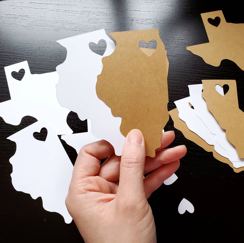 May include: A set of paper state outlines with heart cutouts. The outlines are in white and brown paper. The outlines are of the states of Texas, Illinois, and a few others.