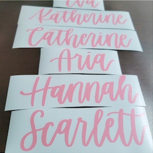 May include: A collection of white vinyl decals with names in pink cursive lettering. Names include Eva, Katherine, Catherine, Aria, Hannah, and Scarlett. The decals are arranged in a slightly overlapping pattern.