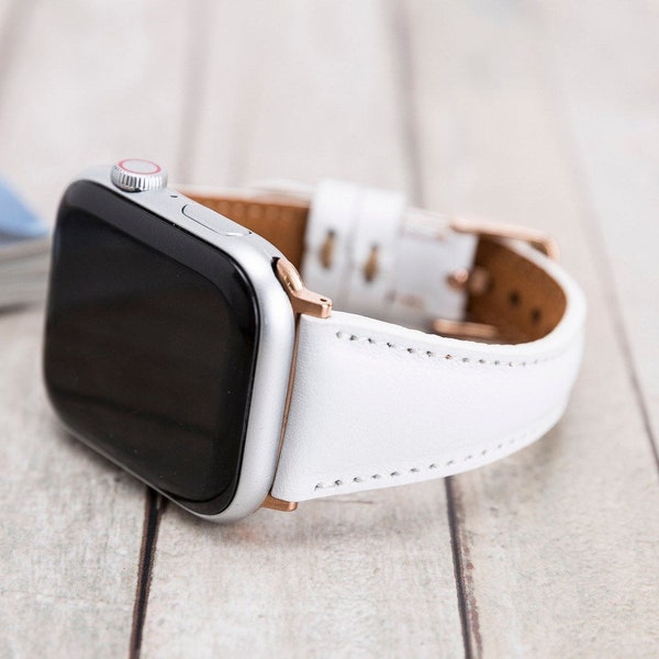 White Genuine Leather Apple Watch Band for Women and Men - Apple Watch Strap for All Apple Series - Free Engraving - Next Day Shipping