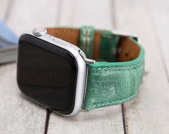 Green Handmade Leather Apple and Fitbit Watch Band - Premium Full Grain Genuine Leather iWatch Bracelet for All Apple  Fitbit Watch Series
