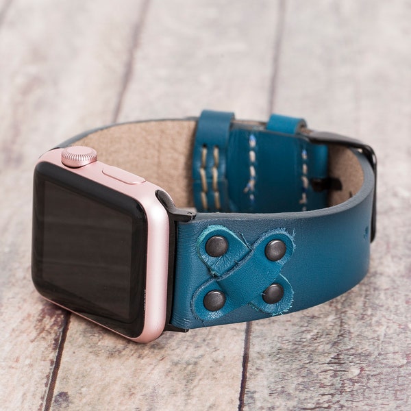 Blue Leather Apple Watch Band for Women and Men - Compatible with All Apple Watch Series - Full-Grain Genuine Leather iWatch Bracelet