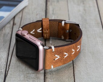 Correa Apple Watch de cuero genuino de primera calidad marrón con puntadas blancas para mujeres y hombres - Pulsera iWatch para todas las series