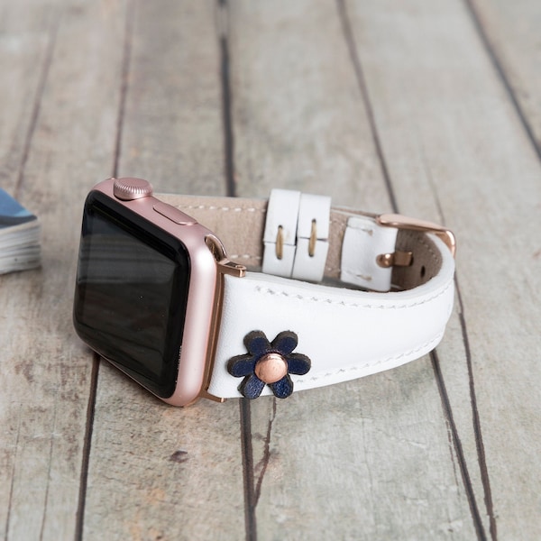Bracelet pour montre Apple mince en cuir véritable fait main avec breloque fleur en cuir - Unisexe | Convient à toutes les séries Apple Watch | Gravure gratuite