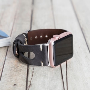 Black Genuine Premium Leather Apple Watch Band With Geometric Cuts and Cream Stitches - Free Engraving - Unisex iWatch Strap for All Series