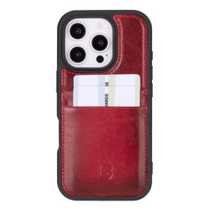 Gepolijst rood leren hoesje voor iPhone 15 & 16-serie | Handgemaakt elegant ontwerp met kaartsleuven, premiumkwaliteit