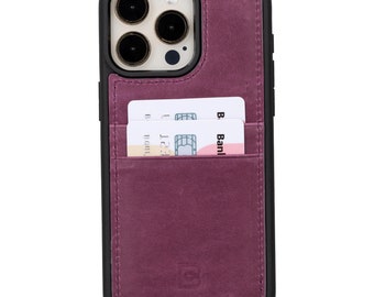 Handgjort lila läderfodral för iPhone: Elegant design med kortplats