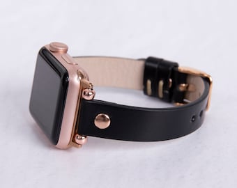 Correa de cuero negro hecha a mano para Apple Watch – Correa para iWatch con remaches de oro rosa