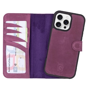 Étui portefeuille en cuir violet fait main pour iPhone 15 & 16, étui portefeuille magnétique amovible pour iPhone 15 - 16