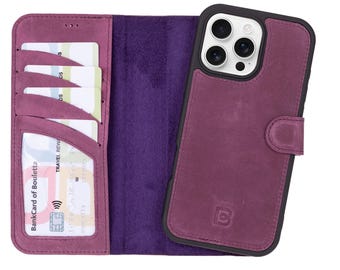 Handgjort lila läderplånboksfodral för iPhone med magnetisk folio, RFID-blockering för iPhone 16 ProMax, anpassningsbart telefonskal, premiumläder