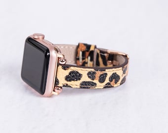 Chic Leopard Print Slim Leather Apple Watch Band - Fits All Apple Watch Series | Free Engraving | Handmade | Full-Grain Leather