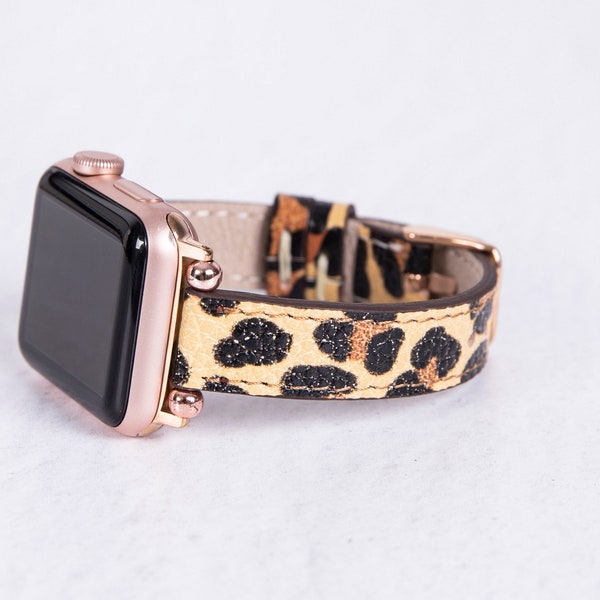 Chic Leopard Print Slim Leather Apple Watch Band - Fits All Apple Watch Series | Free Engraving | Handmade | Full-Grain Leather